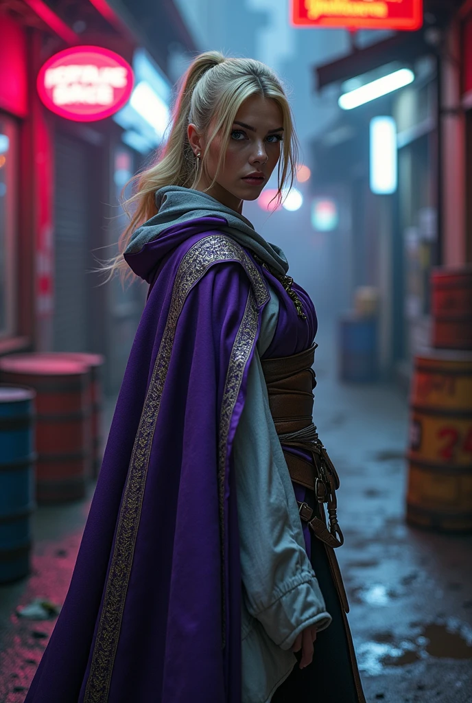 A female smuggler with a purple, gray, and white robe and a half cape that has a beautiful pattern, blonde hair in a ponytail, and blue eyes with a short skirt.