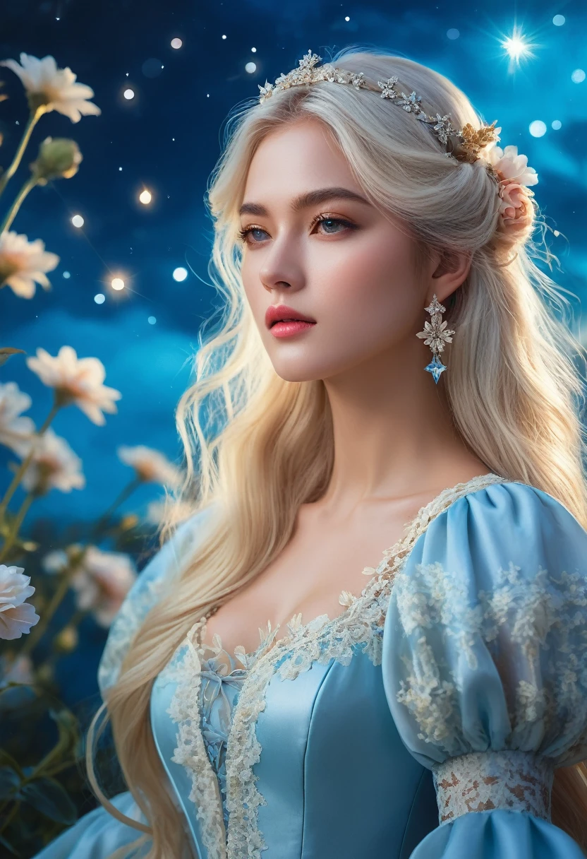 Oil painting style, mysterious and beautiful landscape with stars, flowers, natural light, light and brightness. Glossy rich platinum blonde_straight long hair, pastel sky blue costume_lace puff sleeves, detailed details, (Best quality, 4K, 8K, High resolution, Masterpiece: 1.2), (Upper body close-up angle), (Highly detailed, Realistic: 1.37), The film is composed of soft lighting, dramatic mood lighting, vivid colors, dreamy, subtle magic, detailed, quiet, fragile, elegant, cinematic, dramatic, great composition.