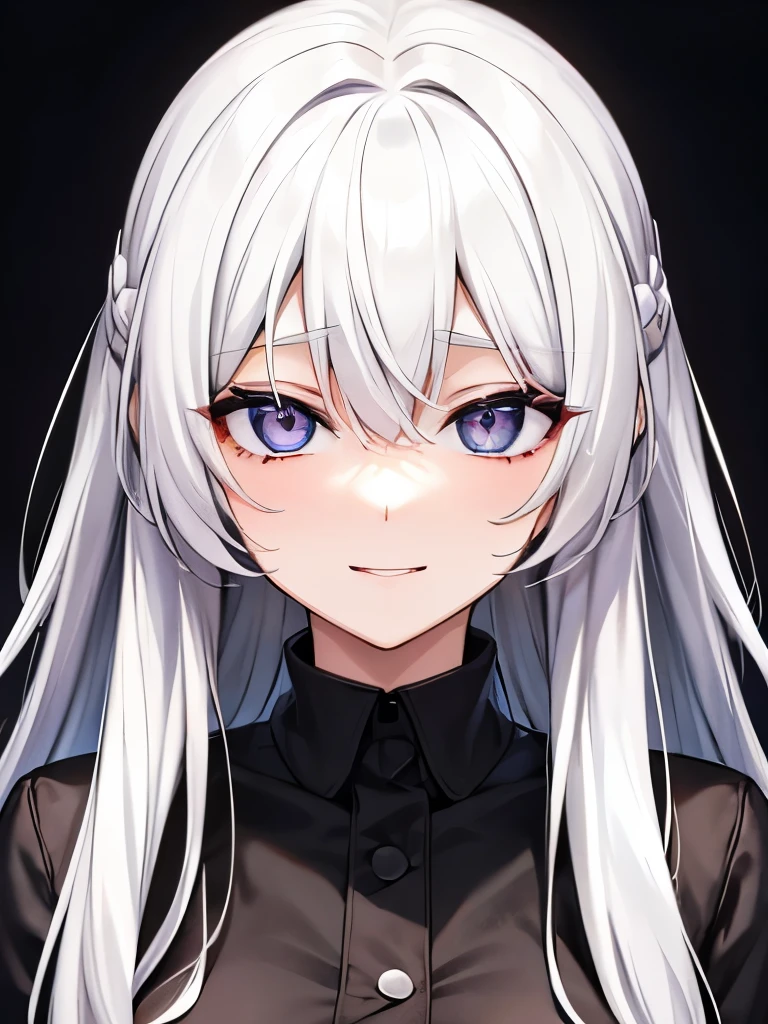 solo female,white hair long hair,black eye,big bust,dead eyes, Laughing chillingly,
