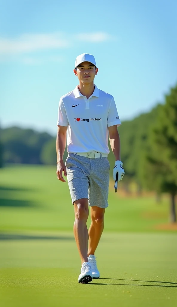 Make a picture of a handsome Korean male golf player, The shoes are Nike, The hat is Nike, Make me a pair of Nike shorts, Make a view of me walking towards you, bust shot, Make your eyes clearer, Make a T-shirt with the words "I love Jeong Im-seon"