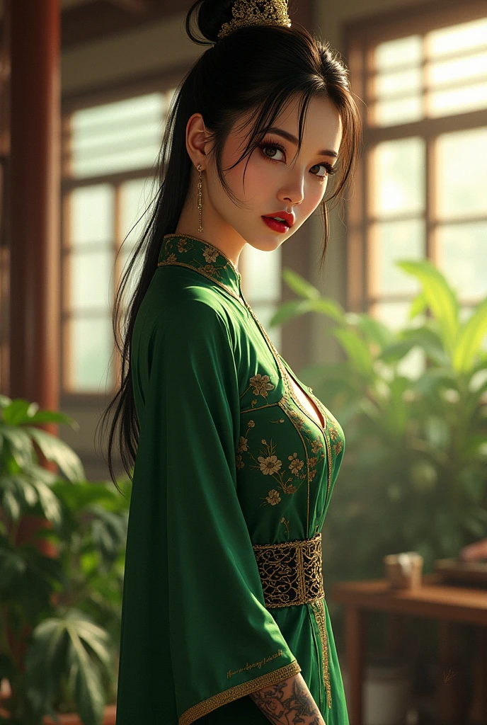 ((masterpiece))), (((best quality))), ((super detailed)), (highly detailed computer illustration), ((extremely delicate and beautiful)),cinematic light,(panorama:1.5)(Indoors, Windows, sunlight, plants:1.3), Dynamic Angle, Perspective, High Point,pov(from below:1.4),
color paintA mature facesideways glance, (cold attitude,eyeshadow,eyeliner:1.1),(red lips:1.5),watery eyes, makeup(green chinese clothes:1.4)
jewelryearringsarm tattoofull-body tattoo, neck tattoo(long legs:1.3)big breasts,
((((dramatic))), (((gritty))), (((intense)))A shot with tensionVisual impact,giving the poster a dynamic and visually striking appearance,
