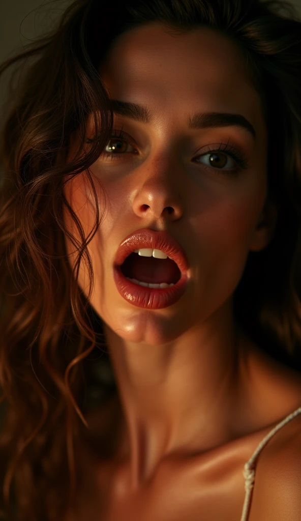 (ultra-detailed,highres,masterpiece:1.2), realistic, vibrant colors, portraits, intense emotions, dramatic lighting, long wavy hair, tongue out, mouth wide open, beautiful detailed lips, sparkling eyes, flawless skin, vibrant red background, droplets of saliva, highly detailed teeth and saliva, expressive facial expressions, ruining makeup, showing tongue, erotic, professional photography, sharp focus, fine art quality.
