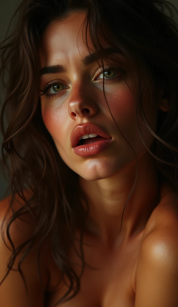 a sexy woman experiencing orgasm, ultra-detailed, (realistic, photorealistic, photo-realistic:1.37), 8k, high quality, sensual, erotic, intimate, beautiful detailed eyes, beautiful detailed lips, extremely detailed face, long eyelashes, intense expression, flushed skin, tangled hair, sultry pose, dramatic lighting, warm color palette, chiaroscuro, oil painting, cinematic composition