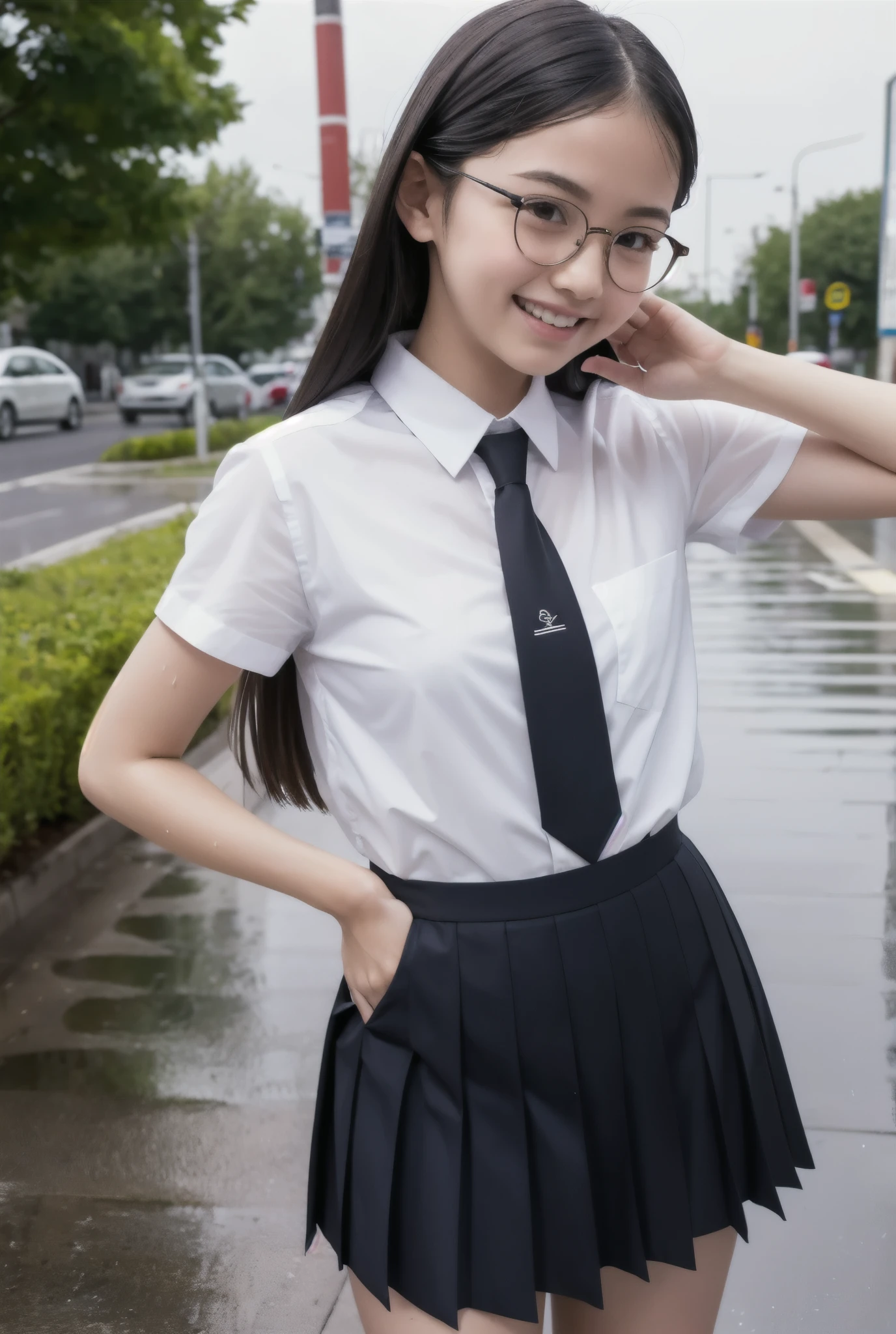 ((Highest quality)), ((masterpiece)), (detailed), One person,cute童顔,15 years old,Perfect Anatomy,Perfect Eyes,Small face,Small hands,Long limbs,Wearing round frameless glasses,cute,She is wearing a white short-sleeved uniform.,she is wearing a tie,She is wearing a pleated miniskirt,In a city where rain falls,,She has very small, pointed breasts,Flat Chest,Wearing a wet uniform, The thin shirt sticks to your skin,Look to the side,Laugh shyly,her uniform is soaked and clinging to her body,Rainy city,Armpits are visible,A white shirt that reaches the waist