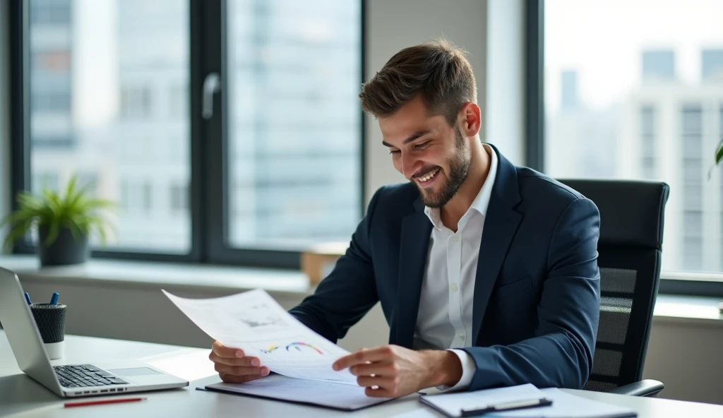 Long shot of a young smiling man analyzing financial statements, sitting in a chair at his desk, looking on the data, wearing a fancy suit, fancy clothes, in the modern office, natural lighting ,stock photography