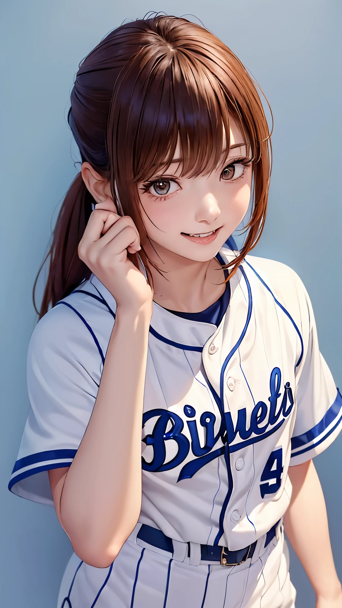 (((Cowboy Shot、female solo shot、oil、Pure white wall background、masterpiece、Highest quality、High resolution)))、Redhead、Side ponytail hair、(((Baseball uniformを着ています)))、(((Blue and white uniform)))、Fashionable hairstyles、Red cheeks、((No shadow、Frame In))、Cute Face、((Small breasts))、Laughing、Smiling face、Teeth are visible、((The index finger is pointing upwards))、(((Baseball uniform)))、