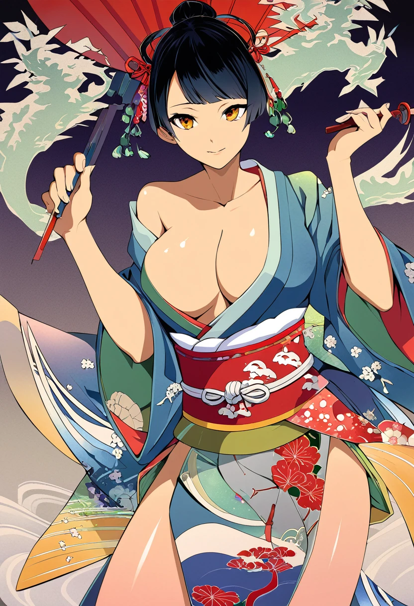 fusion of watercolors and oil paintings, fusion of paper cutting and shadow puppetry, mix of Japanese painting, ukiyo-e and woodblock prints, mix of monochrome and color, conceptual installation art, beautiful princess, attractive and seductive expression, make-up, superlative body proportion, wearing colorful Jaoanese Kimono, (ultra detailed, absolutely resolution, best quality:1.3), 2.5D, delicate and dynamic, artistic, hyper, graphic CG digital art, background iridescent old Japanese paper