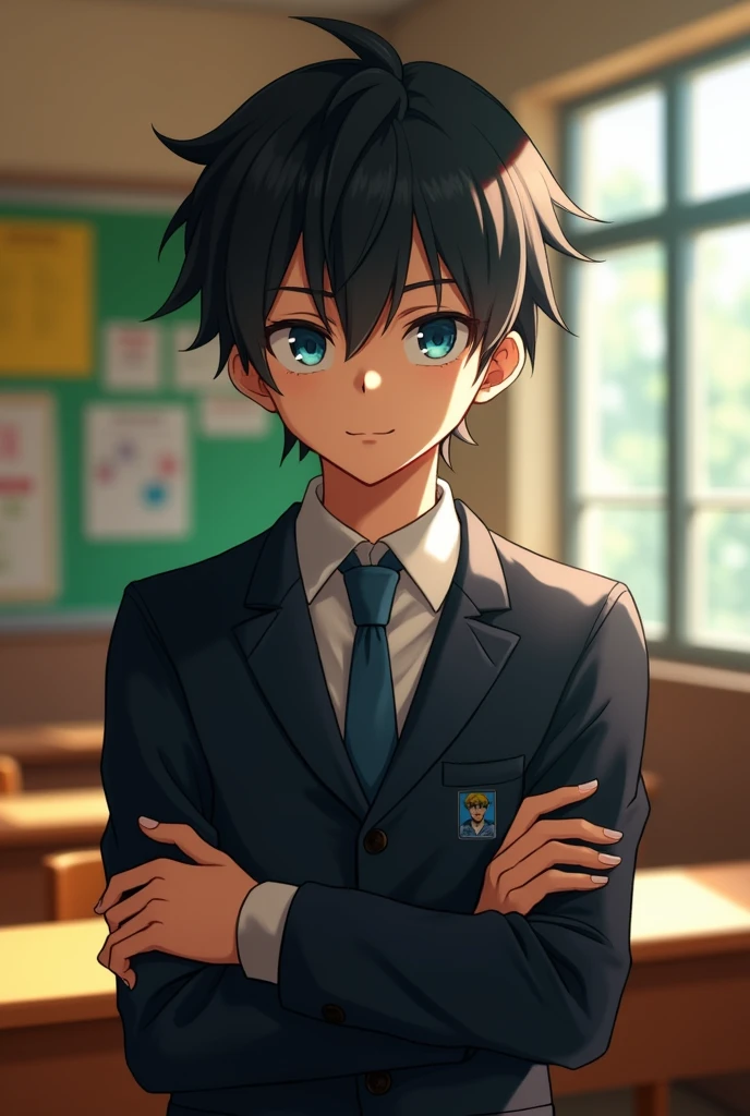 boy, black hair with bangs, blue eyes, weraing a school uniform, standing, hot, in the class, folding arms, background class,flying hairs, tall, student, male, no expression, 17 year old