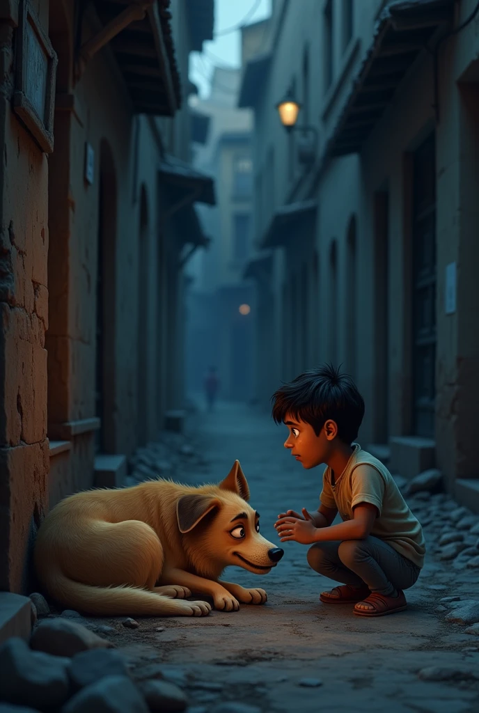 In a narrow alley of the village, a wounded dog named Tony lies in a pitiful state. He is weak and trembling with fear. His eyes reflect pain and deep unease. Seeing this, Rahul's  eyes fill with tears, and he resolves to help Tony. His heart is full of concern and compassion. 3rd style animation 