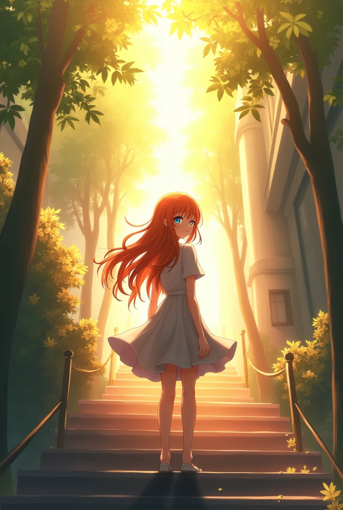 (masterpiece, best quality, hires, high resolution:1.2),extremely detailed,realistic,highres,(Volumetric lighting, sunlight, God rays),1girl, solo, from behind, orange hair, long hair, tsurime, blue eyes, long eyelashes, thick eyelashes, looking at viewer, closed mouth, short sleeves, skirt, skirt, outdoors, stairs, standing, ass,,