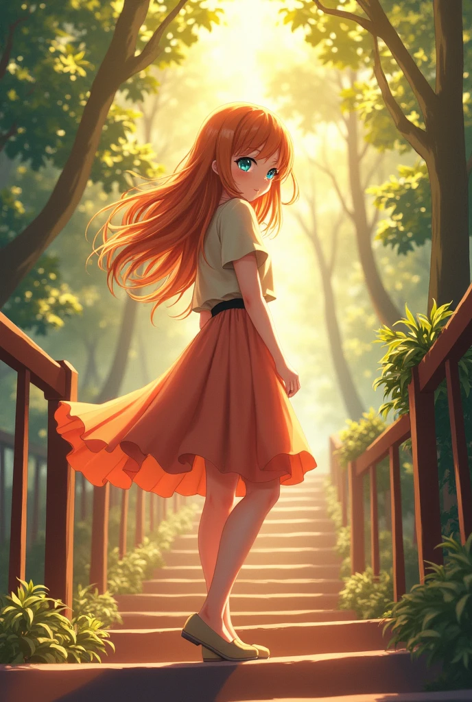 (masterpiece, best quality, hires, high resolution:1.2),extremely detailed,realistic,highres,(Volumetric lighting, sunlight, God rays),1girl, solo, from behind, orange hair, long hair, tsurime, blue eyes, long eyelashes, thick eyelashes, looking at viewer, closed mouth, short sleeves, skirt, skirt, outdoors, stairs, standing, ass,,