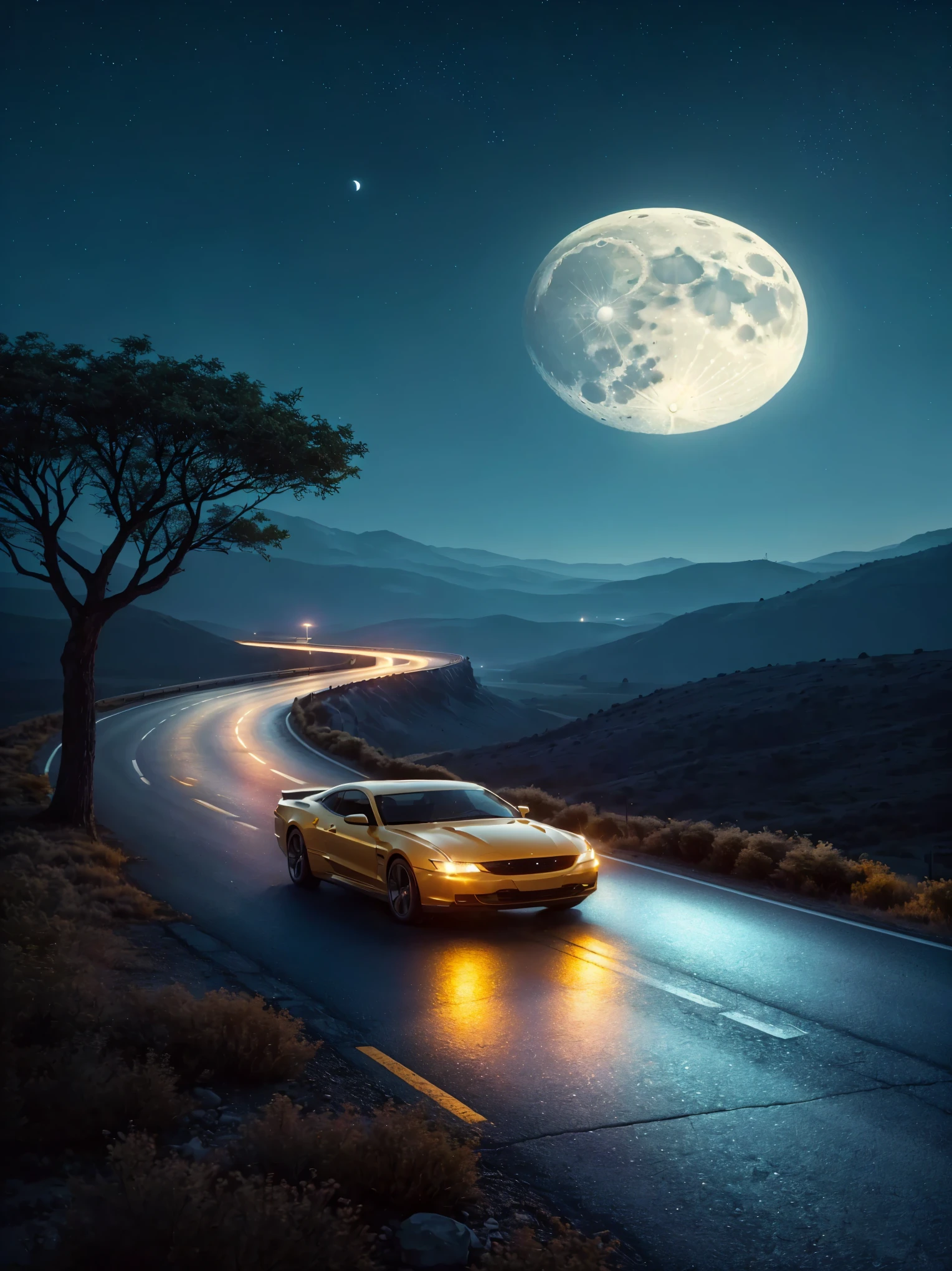 Aerial view of a car driving on a road at night, amazing wallpaper, high quality wallpaper, Street moon landscape, by Mike shopman, 4k phone wallpaper, y mcpharlin, Beeple y Tim Hildebrandt, high quality desktop wallpaper, hd wallpaper, inspired by Mike shopman, by Mike "Beeple" shopman
