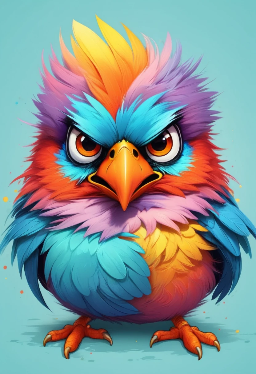 A cute fluffy bird, angry, colorful, comic art, pastel colorscheme, vibrant, highly detailed, simple background