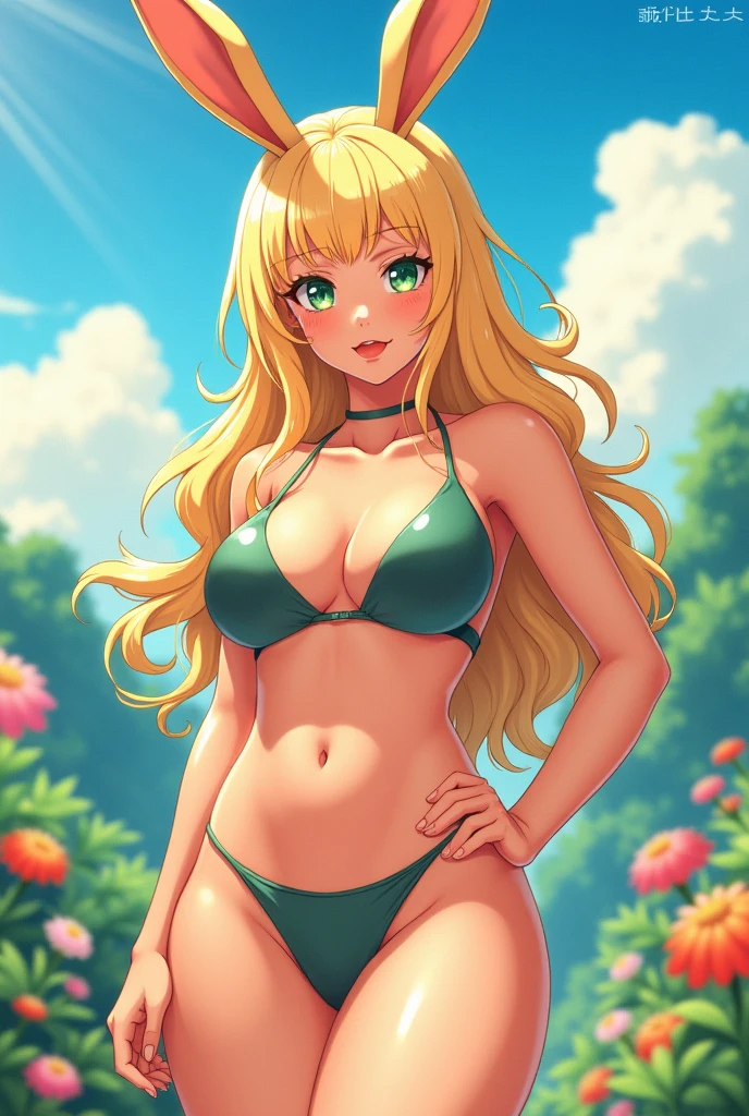 generate a beautiful blonde girl, medium bunny, with big breasts, big legs, naked, that I'm sweaty, with the tongue out, tanned skin, green eyes and anime style.