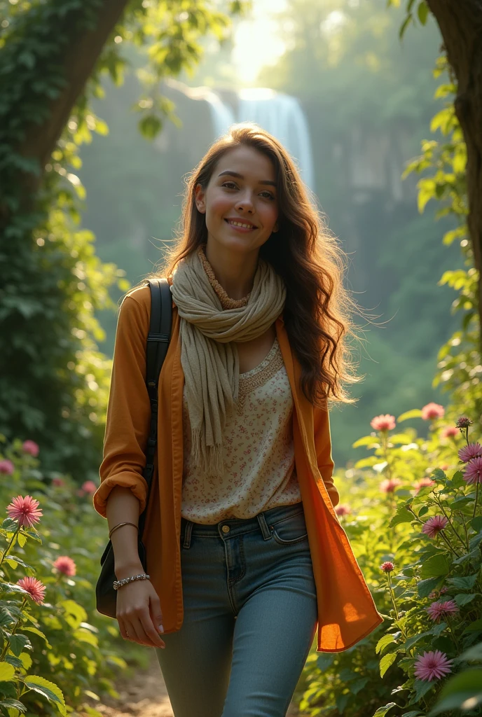 A captivating photorealistic portrait captures the essence of a young woman walking serenely through a lush forest. She is dressed effortlessly in a casual yet elegant outfit, adorned with a stylish scarf and a unique patterned top. Her slight smile conveys confidence, while her eyes sparkle in the dappled sunlight that filters through the towering trees. The background is a harmonious blend of nature's beauty, including vibrant flowers, lush foliage, and a distant waterfall, all working together to create a sense of tranquility and connection to the natural world., portrait photography, photo