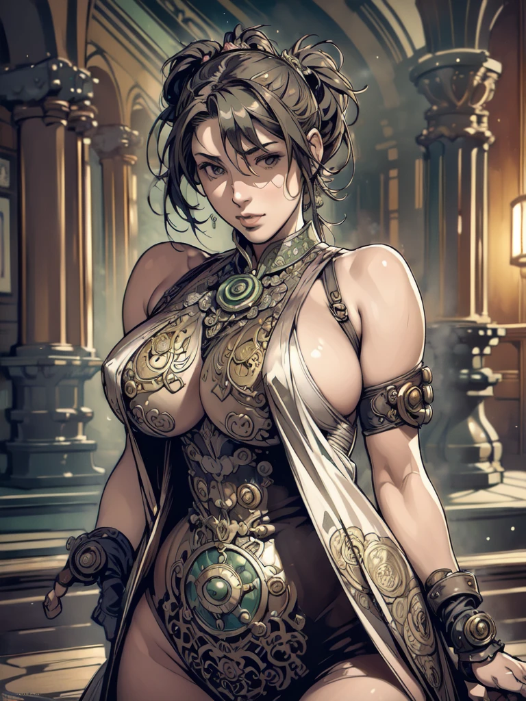((face detailed)),((Or Mucha style)),(Vulgar),(portraite),Breasts huge, Wearing steampunk armor,hair green,side ponytail,(arms behind the back:1.2),((sex addiction))((female rider )),(high position:1.8)