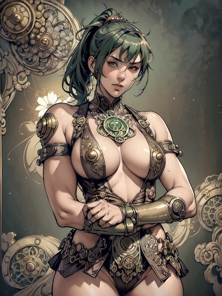 ((face detailed)),((Or Mucha style)),(Vulgar),(portraite),Breasts huge, Wearing steampunk armor,hair green,side ponytail,(arms behind the back:1.2),((sex addiction))((female rider )),(high position:1.8)
