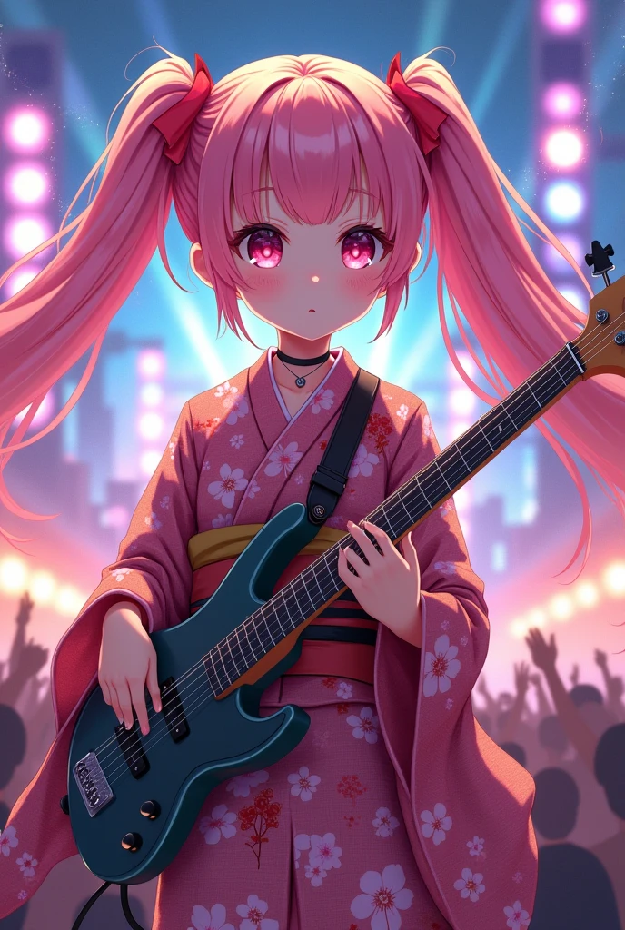 masterpiece, best quality, very detailed, high resolution, expensive resolution, high resolution, 4K, 8k, Unity 8k wallpaper, highly detailed CG, masterpiece, 2D, 3D, beautiful details, depth, fine texture, best quality: 1.3, perfect focus, crispy skin, he,
Very cute anime girl, girl playing baseguitar vocals in a band wearing a Japanese fancy floral haori hakama, on outdoor stage, full body, expensive pink twin tail hair, mole under eye, looking at the viewer, expensive, blush, mole, lips open, , heart choker, pink eyes, guitar vocals, stage,Full body of an anime girl with pink twin-tailed hair wearing a Japanese kimono and playing a bass guitar on stage at a cyberpunk festival
