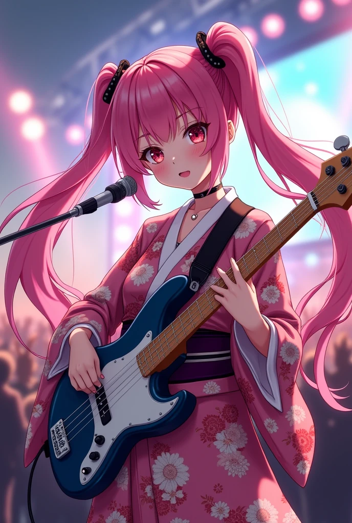 masterpiece, best quality, very detailed, high resolution, expensive resolution, high resolution, 4K, 8k, Unity 8k wallpaper, highly detailed CG, masterpiece, 2D, 3D, beautiful details, depth, fine texture, best quality: 1.3, perfect focus, crispy skin, he,
Very cute anime girl, girl playing baseguitar vocals in a band wearing a Japanese fancy floral haori hakama, on outdoor stage, full body, expensive pink twin tail hair, mole under eye, looking at the viewer, expensive, blush, mole, lips open, , heart choker, pink eyes, guitar vocals, stage,Full body of an anime girl with pink twin-tailed hair wearing a Japanese kimono and playing a bass guitar on stage at a cyberpunk festival