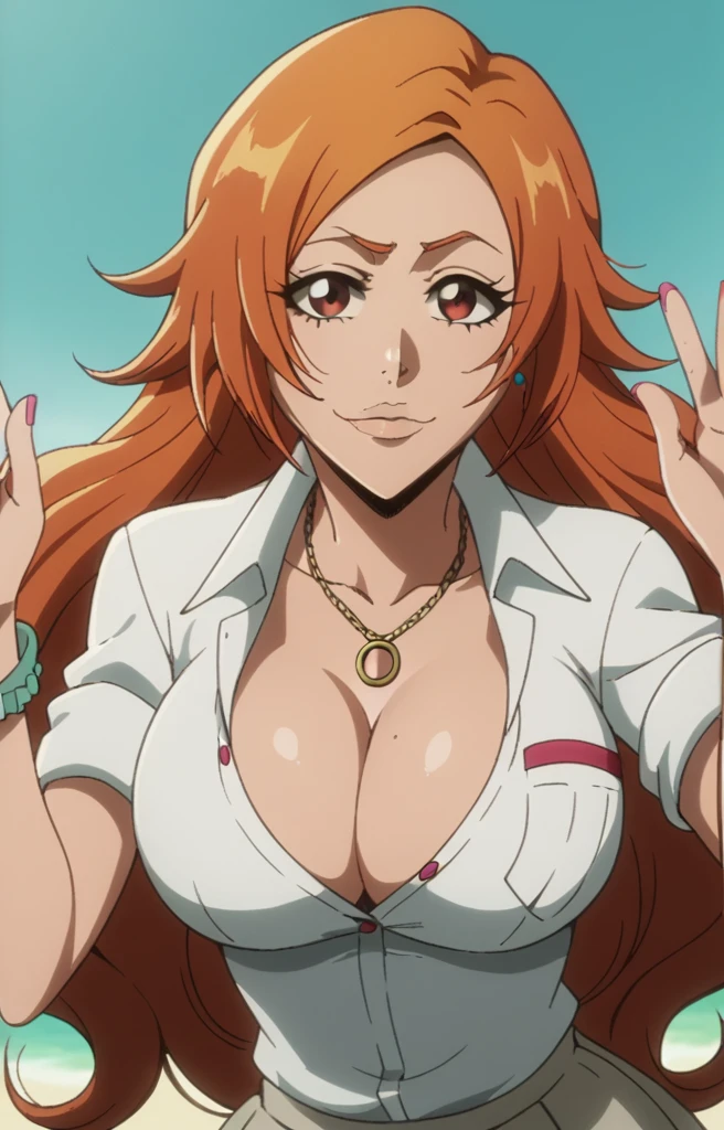 Inoue Orihime,Big breast,HighSchool uniform with unbuttoned Cleavage,short Grey skirt,lariat necklace,Long pink nail,Hoopa bracelet,Earpiercing,Bleach Anime artstyle,Half eyes open,Stylish Wavy hair,Spouty mouth,Thick lips,view from head to waist,Curvy figure,Big wavy hair,Enchanced breast,tight thights,gaze on viewer,ear visible,bouncy breast