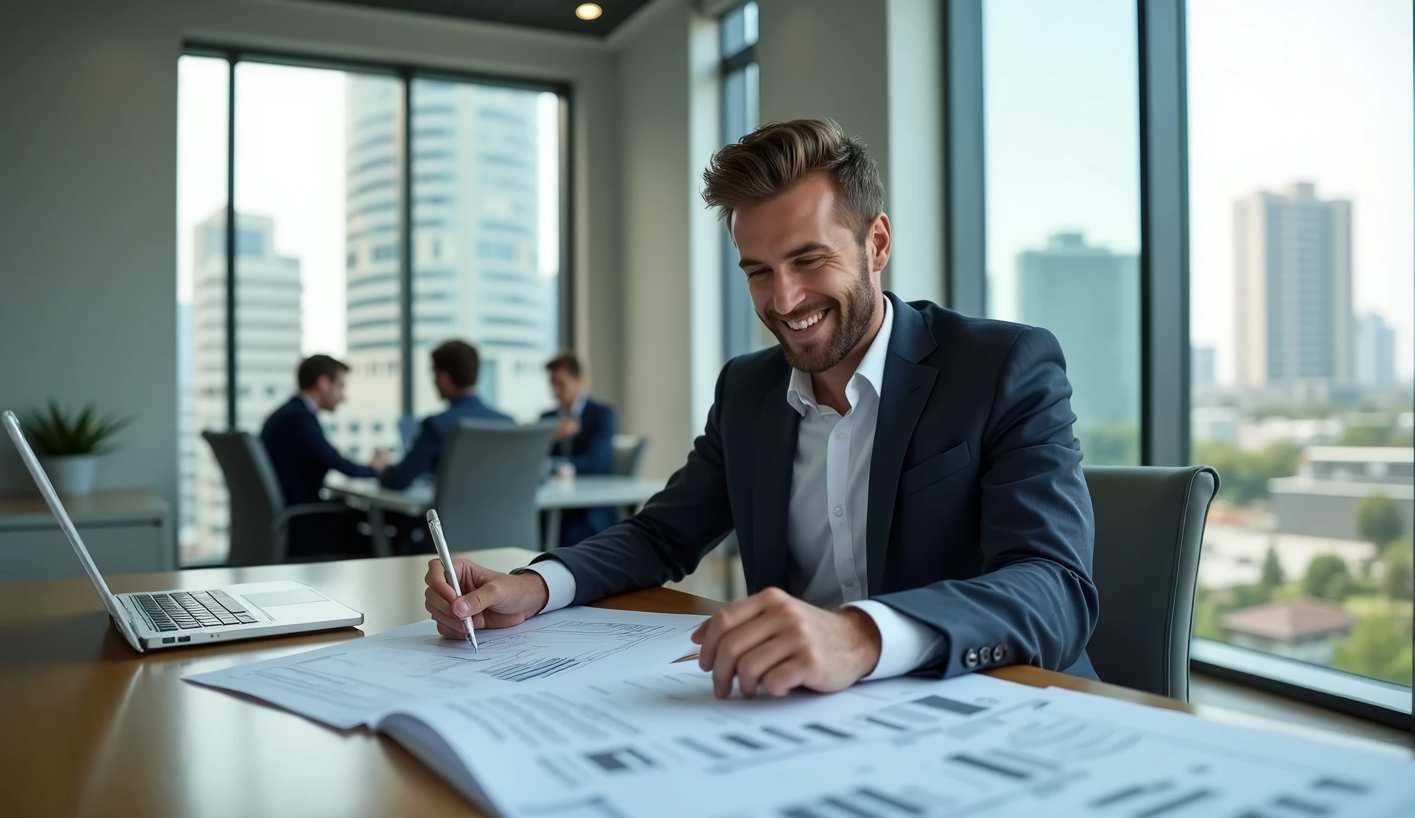 Long shot of a young smiling man analyzing financial statements, sitting in a chair at his desk, looking on the data, wearing a fancy suit, fancy clothes, in the modern office, natural lighting ,stock photography