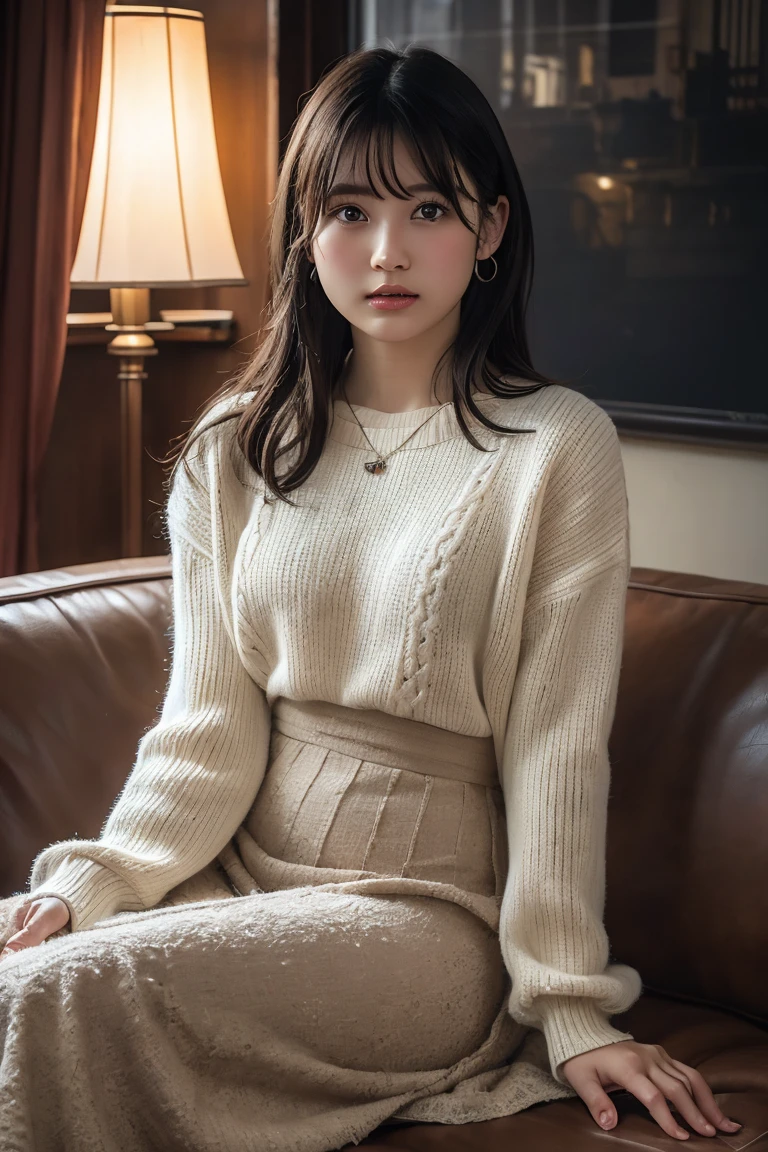 (Highest quality:1.4),(masterpiece:1.4),(Realistic:1.4),(Realistic:1.2),(超High resolution, RAW Photos:1.4),(High resolution, Ultra-detailed:1.2),(8k:1.2),View your viewers,Cinematic photography,One person,skeletally correct,Black-haired woman,Woman in her early 20s,(Small earrings,necklace,White shaggy knitwear,Beige tight lace long skirt),(Western-style building interior,Dimly lit room,The lamplight shines on my cheeks,Sit on the sofa)