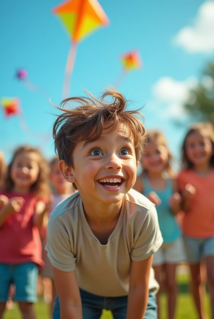 (photorealism:1.2), A boy with a big grin, realizing that it’s not about wishing really hard. The background can show other children smiling and nodding in agreement.