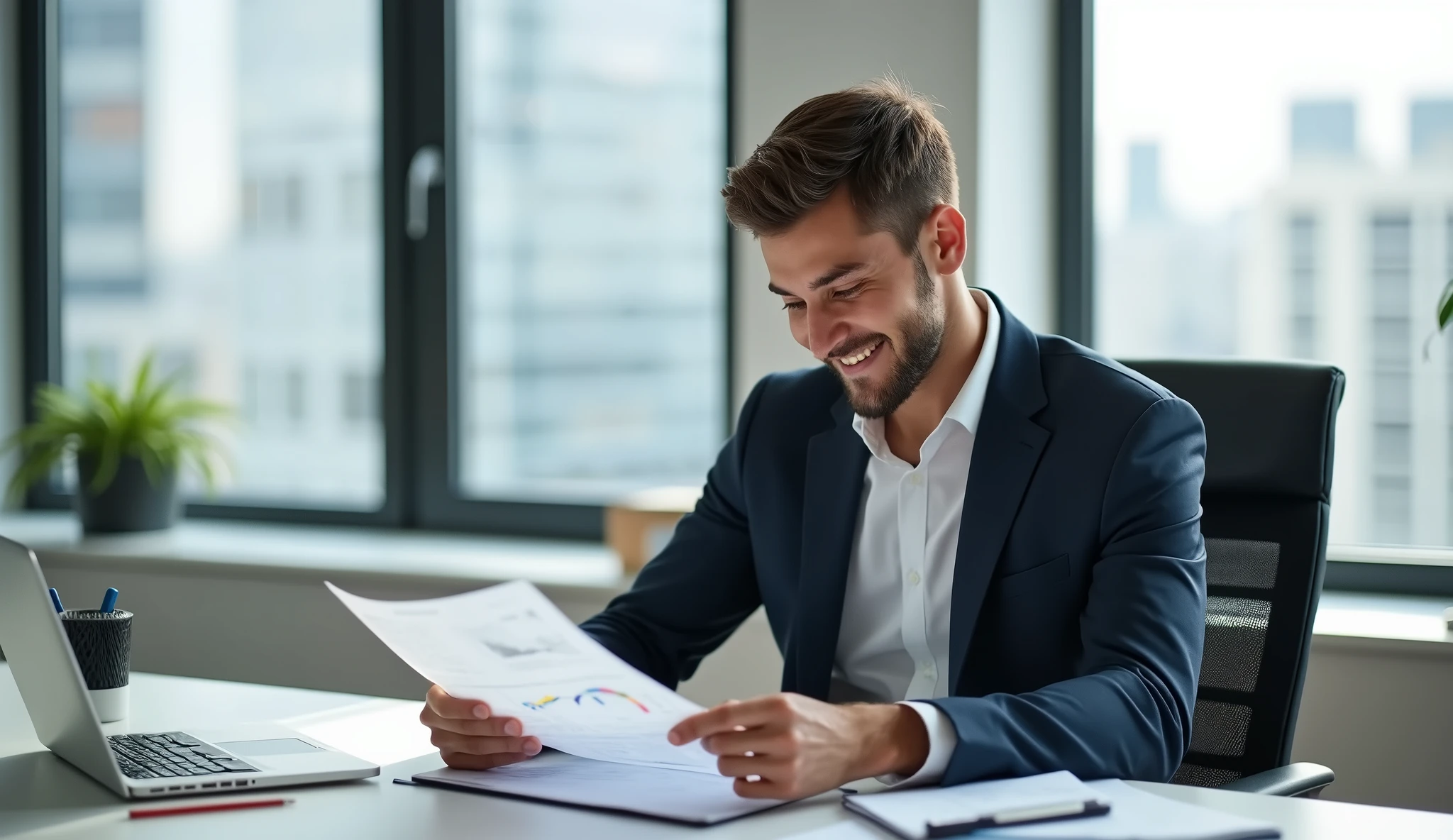 Long shot of a young smiling man analyzing financial statements, sitting in a chair at his desk, looking on the data, wearing a fancy suit, fancy clothes, in the modern office, natural lighting ,stock photography
