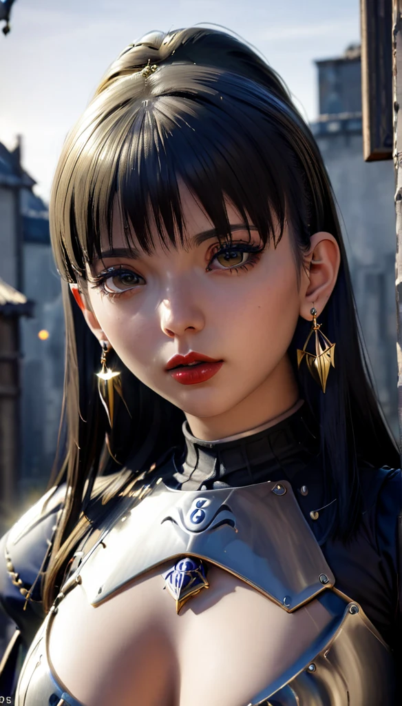 A girl with long black hair and bangs, wearing jewelry and earrings, with sharp ears, backlit, highly accurate, best quality, realistic anatomy, masterpiece, HD model, extremely detailed, high quality, very detailed, eye texture, textured skin, ultra-high definition, large bust, stern expression, scarlet lips, wide-angle lens, Sony FE, backlit, gothic, photorealistic, realism, Unreal Engine, armor, goth girl