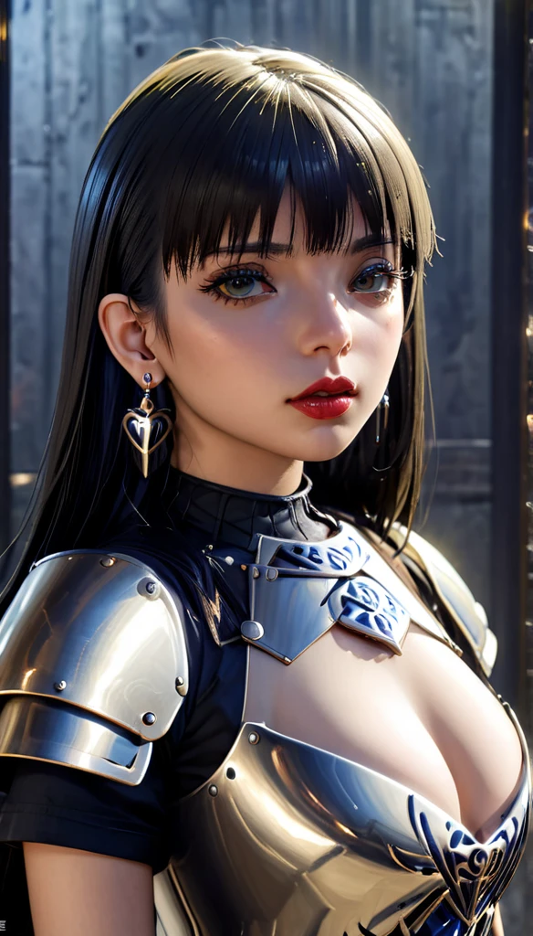 A girl with long black hair and bangs, wearing jewelry and earrings, with sharp ears, backlit, highly accurate, best quality, realistic anatomy, masterpiece, HD model, extremely detailed, high quality, very detailed, eye texture, textured skin, ultra-high definition, large bust, stern expression, scarlet lips, wide-angle lens, Sony FE, backlit, gothic, photorealistic, realism, Unreal Engine, armor, goth girl