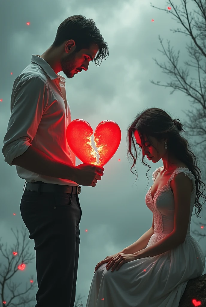 A beautiful and delicate image. Toxic love full of manipulation and deceit. Broken and betrayed heart. Sad man and woman stabbing each other in the back because of infidelity.