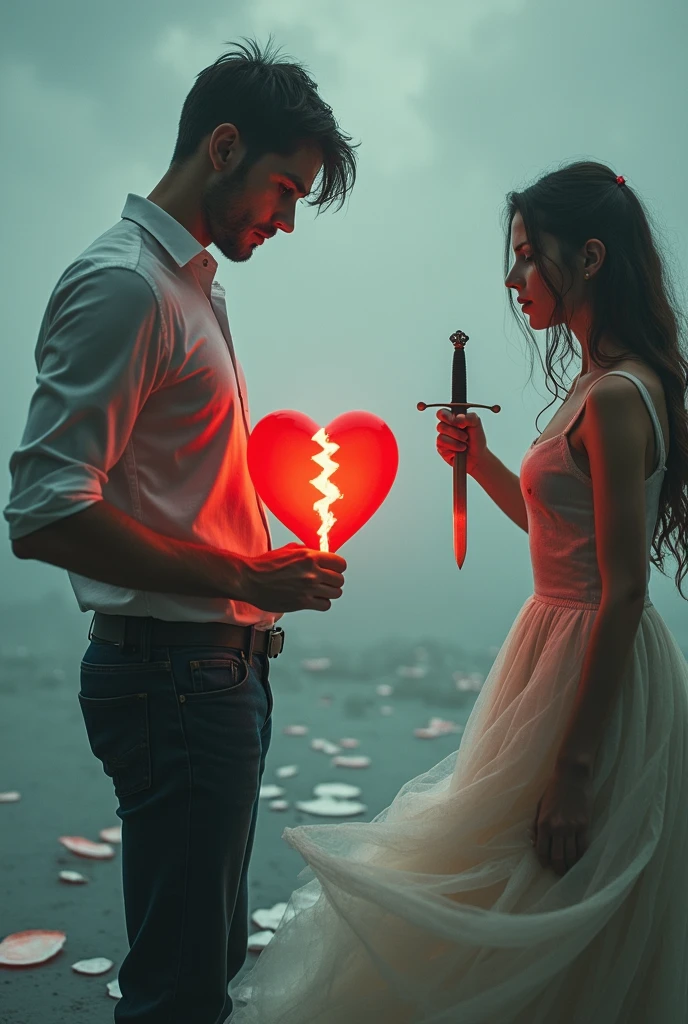 A beautiful and delicate image. Toxic love full of manipulation and deceit. Broken and betrayed heart. Sad man and woman stabbing each other in the back because of infidelity. 