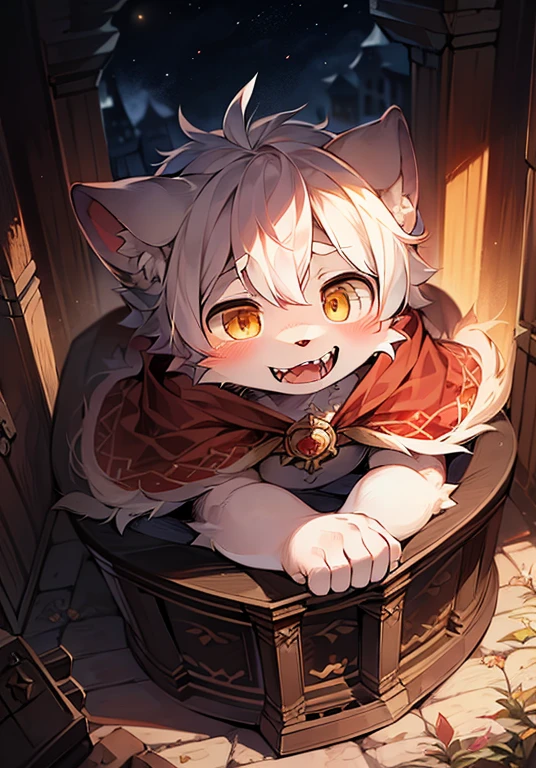 (Dark Environment:0.8),masterpiece, high quality, Ridiculous answer, number \(artwork\), by Dagasi, Yes,Qingshan,(contemplatingo,Fluffy fur,character focus:1.1),contemplatingo male cat,short hair,portrait, Bright Eyes,panoramic,character focus.(Detailed background:0.7),solitary,hairy,hairy male ,Male focus,contemplating,(Body hair, hairy尾巴, White fur,Golden Eyes,White hair:1.2),(Long canine teeth,vampire, cape:1.2),(Internal,night, castle, coffin:1.1)