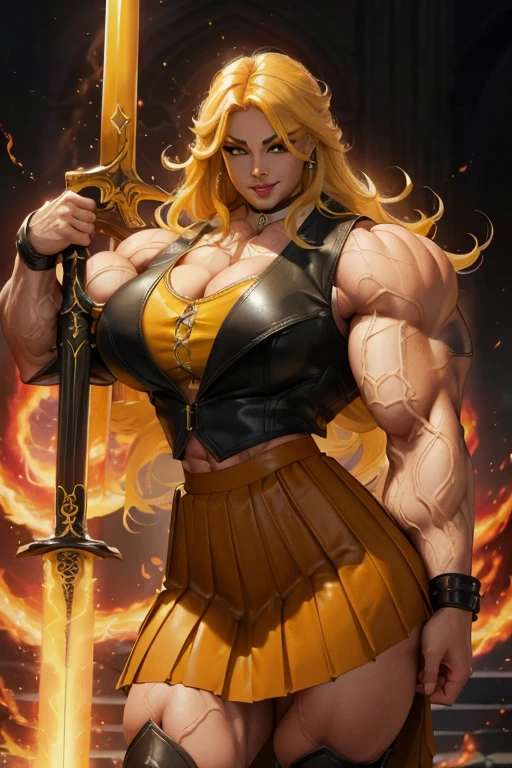 ((Close-up)), tall, (yellow hair) beautiful muscular latino woman, long flowing hair, light brown skinned, large breast, closed smile, (black lipstick), (massive muscles), (hyper muscle), ((ginormous bulky muscles)) gray eyes, (((yellow leather vest))), (((long pleated skirt))), ((carrying a yellow fire sword)), choker, boots, in a mystical school, 