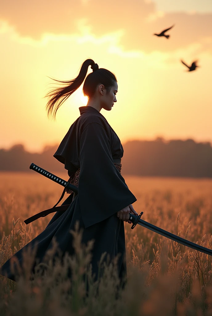 A lone samurai woman standing in a peaceful field at dusk, ready to draw her katana. She is wearing traditional samurai attire from the Sengoku period of Japan, consisting of a black and dark brown kimono-style robe with wide sleeves, tied with a dark obi around her waist. Her right hand is gripping the hilt of her katana, positioned near her waist as she prepares to draw it, while her left hand is steadying the sheath. Her posture is tense but focused, capturing the precise moment before action. Her hair is tied up in a traditional warrior style, and her face shows calm determination. The scene is set in a quiet field with tall grasses swaying gently in the wind, under the fading light of dusk. The color palette is soft and muted, with earthy tones for both the environment and her attire, and the background is simple, with birds flying in the distance."Additional Parameters:Style: Realistic, with a focus on action and tension in the poseLighting: Soft dusk lighting with warm, fading sunlight casting long shadowsColors: Dark black and brown tones for the attire, earthy and muted tones for the grass and skyComposition: The samurai woman centered, in a poised stance, with her katana halfway drawn, the quiet field around her creating a sense of serenity and focusEnvironment: Quiet field at dusk, soft wind moving the tall grass, birds flying in the distance