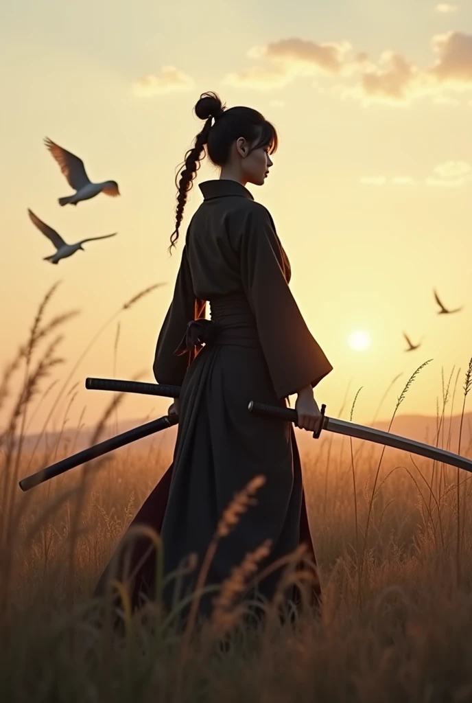 A lone samurai woman standing in a peaceful field at dusk, ready to draw her katana. She is wearing traditional samurai attire from the Sengoku period of Japan, consisting of a black and dark brown kimono-style robe with wide sleeves, tied with a dark obi around her waist. Her right hand is gripping the hilt of her katana, positioned near her waist as she prepares to draw it, while her left hand is steadying the sheath. Her posture is tense but focused, capturing the precise moment before action. Her hair is tied up in a traditional warrior style, and her face shows calm determination. The scene is set in a quiet field with tall grasses swaying gently in the wind, under the fading light of dusk. The color palette is soft and muted, with earthy tones for both the environment and her attire, and the background is simple, with birds flying in the distance."Additional Parameters:Style: Realistic, with a focus on action and tension in the poseLighting: Soft dusk lighting with warm, fading sunlight casting long shadowsColors: Dark black and brown tones for the attire, earthy and muted tones for the grass and skyComposition: The samurai woman centered, in a poised stance, with her katana halfway drawn, the quiet field around her creating a sense of serenity and focusEnvironment: Quiet field at dusk, soft wind moving the tall grass, birds flying in the distance