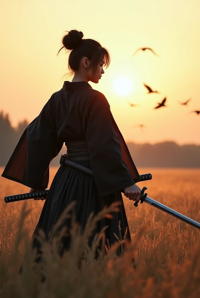 A lone samurai woman standing in a peaceful field at dusk, ready to draw her katana. She is wearing traditional samurai attire from the Sengoku period of Japan, consisting of a black and dark brown kimono-style robe with wide sleeves, tied with a dark obi around her waist. Her right hand is gripping the hilt of her katana, positioned near her waist as she prepares to draw it, while her left hand is steadying the sheath. Her posture is tense but focused, capturing the precise moment before action. Her hair is tied up in a traditional warrior style, and her face shows calm determination. The scene is set in a quiet field with tall grasses swaying gently in the wind, under the fading light of dusk. The color palette is soft and muted, with earthy tones for both the environment and her attire, and the background is simple, with birds flying in the distance."Additional Parameters:Style: Realistic, with a focus on action and tension in the poseLighting: Soft dusk lighting with warm, fading sunlight casting long shadowsColors: Dark black and brown tones for the attire, earthy and muted tones for the grass and skyComposition: The samurai woman centered, in a poised stance, with her katana halfway drawn, the quiet field around her creating a sense of serenity and focusEnvironment: Quiet field at dusk, soft wind moving the tall grass, birds flying in the distance