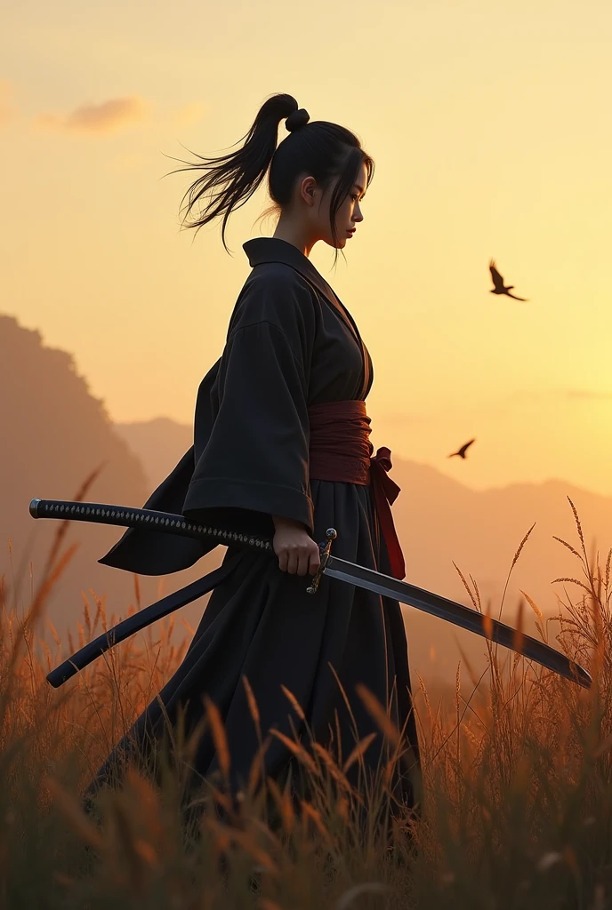 A lone samurai woman standing in a peaceful field at dusk, ready to draw her katana. She is wearing traditional samurai attire from the Sengoku period of Japan, consisting of a black and dark brown kimono-style robe with wide sleeves, tied with a dark obi around her waist. Her right hand is gripping the hilt of her katana, positioned near her waist as she prepares to draw it, while her left hand is steadying the sheath. Her posture is tense but focused, capturing the precise moment before action. Her hair is tied up in a traditional warrior style, and her face shows calm determination. The scene is set in a quiet field with tall grasses swaying gently in the wind, under the fading light of dusk. The color palette is soft and muted, with earthy tones for both the environment and her attire, and the background is simple, with birds flying in the distance."Additional Parameters:Style: Realistic, with a focus on action and tension in the poseLighting: Soft dusk lighting with warm, fading sunlight casting long shadowsColors: Dark black and brown tones for the attire, earthy and muted tones for the grass and skyComposition: The samurai woman centered, in a poised stance, with her katana halfway drawn, the quiet field around her creating a sense of serenity and focusEnvironment: Quiet field at dusk, soft wind moving the tall grass, birds flying in the distance