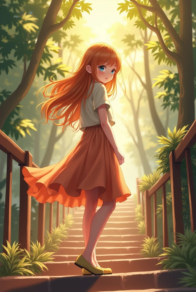 (masterpiece, best quality, hires, high resolution:1.2),extremely detailed,realistic,highres,(Volumetric lighting, sunlight, God rays),1girl, solo, from behind, orange hair, long hair, tsurime, blue eyes, long eyelashes, thick eyelashes, looking at viewer, closed mouth, short sleeves, skirt, skirt, outdoors, stairs, standing, ass,,