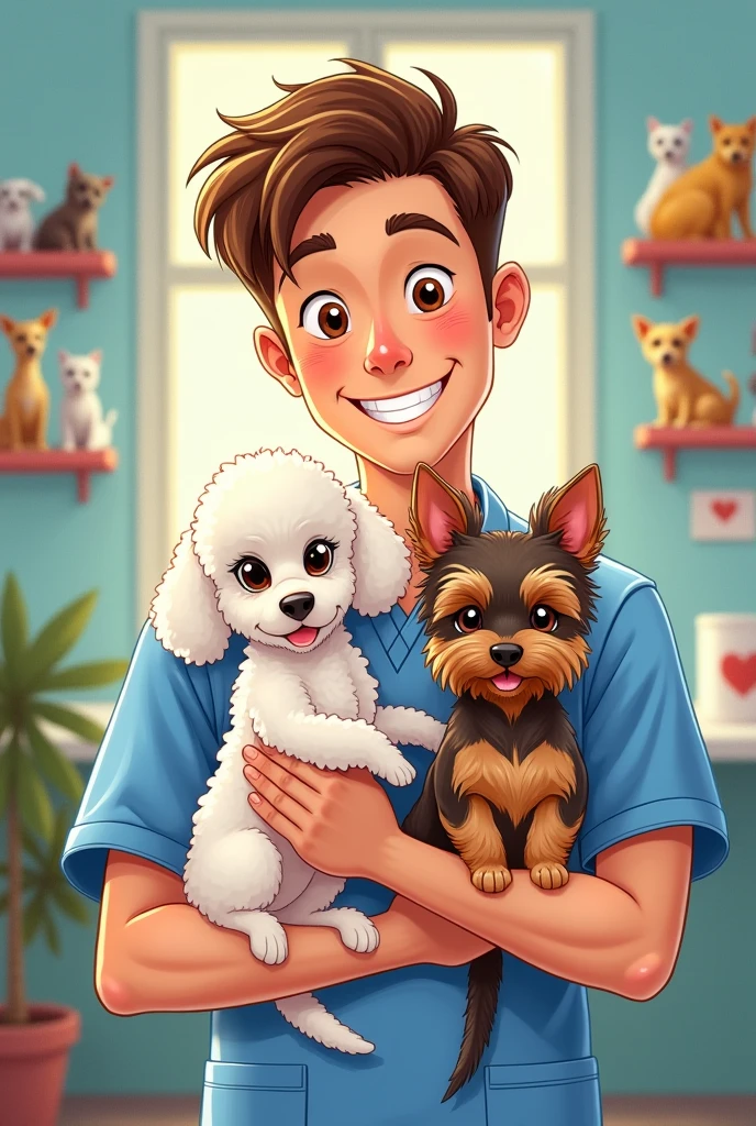 Make a crayon style illustration of a male veterinarian, with brown eyes and short hair, holding two puppies, uma poodle branca e uma Yorkshire, with pricked ears and short hair. Both have their tails cut off. The Yorkshire is a little smaller than the poodle.