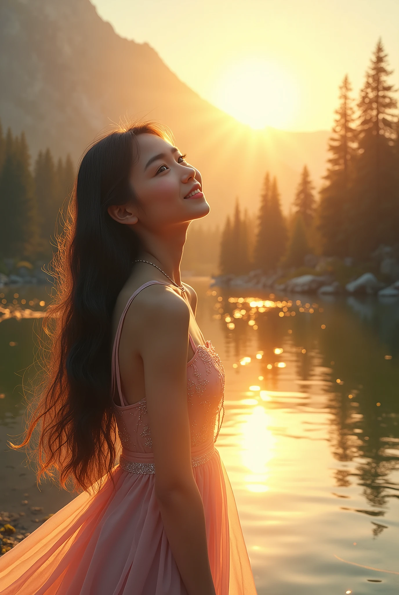 1 girl, happy expression, charming eyes, straight long hair, flowing skirt, big, looking at the sun, calm posture, porcelain-like skin, subtle blush, crystal pendant, Golden Hour, (edge lighting): 1.2, cool colors, sun flare, soft shadows, bright colors, painting effects, fantastic atmosphere, Scenic lakes, distant mountains, pine trees, mountain tops, reflections, sunlit clouds, tranquil atmosphere, idyllic sunrise, Ultra detailed, official art, unified 8k wallpapers, zentangle, mandala