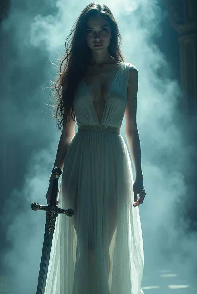 20 year old extreme hot girl ghost. sward in hand. Her boob should be big and partially visible. Image should in 16:9 ratio for YouTube thambnail. Facing front