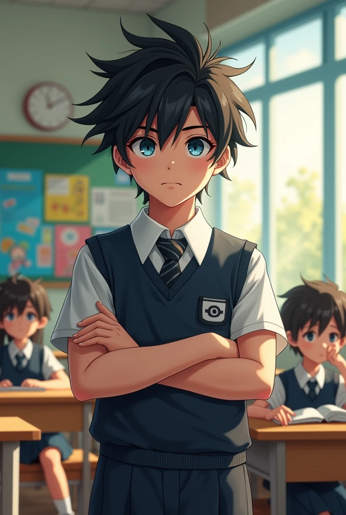 boy, black hair with bangs, blue eyes, weraing a school uniform, standing, hot, in the class, folding arms, background class,flying hairs, tall, student, male, no expression, 