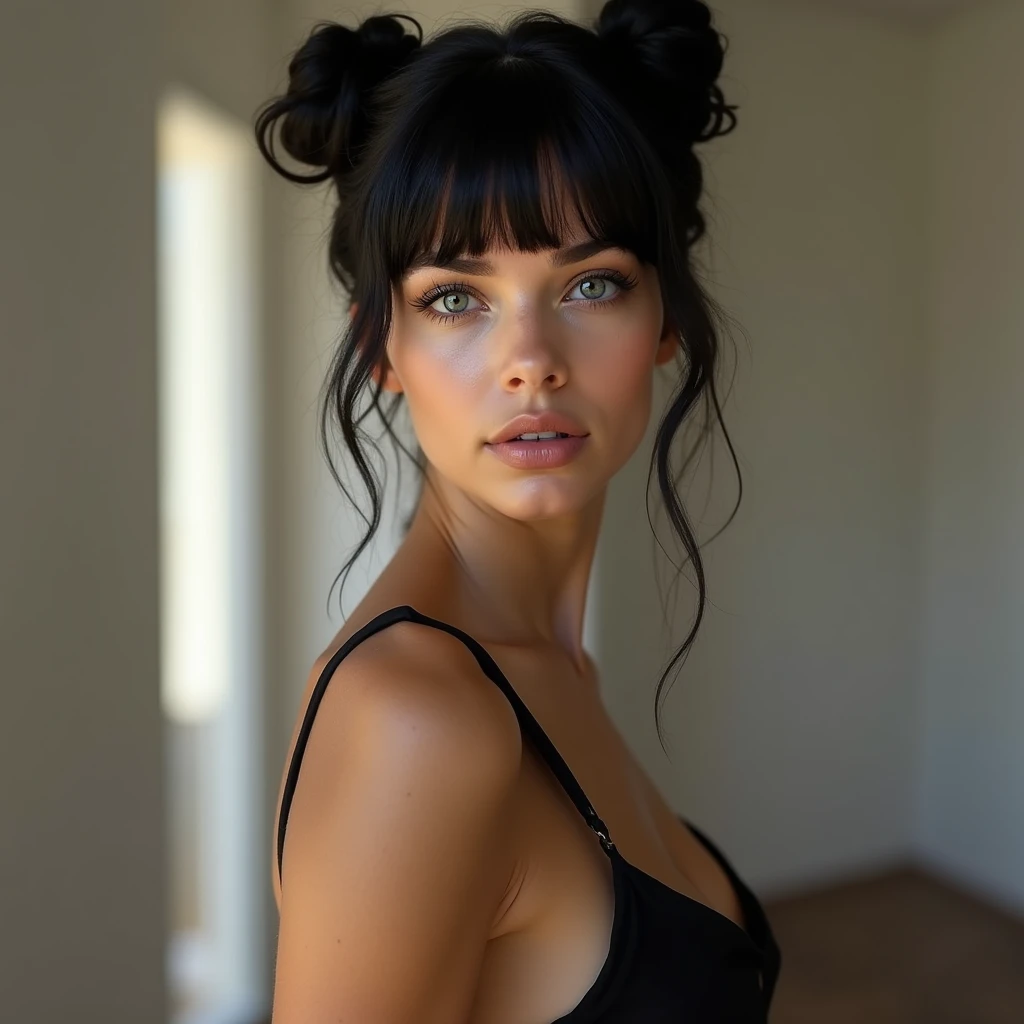 1 European girl  ,grey eyes , the most beautiful woman that exists influencer, perfect body posing in sexy clothes,in a minimalist room the most beautiful face of a woman, black hair, two buns and straight bangs,bright pupils, hyperrealism, depth of field, UHD, masterpiece, high details, highres boudoir photography