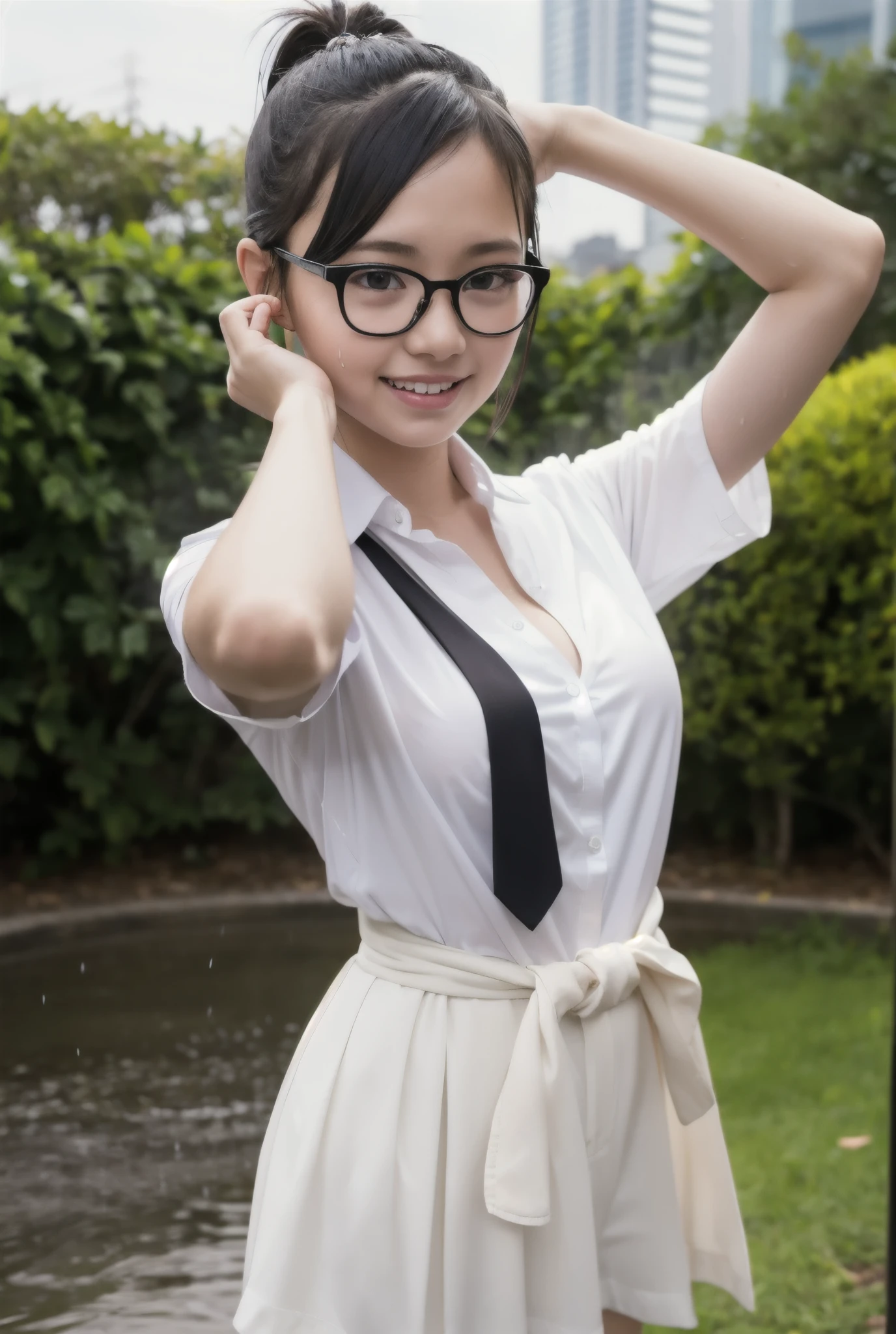 ((Highest quality)), ((masterpiece)), (detailed), One person,e bab years oldtomy,Perfect Eyes,Small face,Small hands,Long limbs,Wearing round frameless glasses,Cute Ponytail,She is wearing a white short-sleeved shirt.,she is wearing a tie,She is wearing a pleated miniskirt,In a city where rain falls,,Perfect round large breasts,Wearing a wet uniform, The thin shirt sticks to your skin,Look to the side,Laugh shyly,her uniform is soaked and clinging to her body,Rainy city,Armpits are visible,A white shirt that reaches the waist,Face is wet with water,Arms are wet with water,Thighs are wet with water,I can see her cleavage,No bra