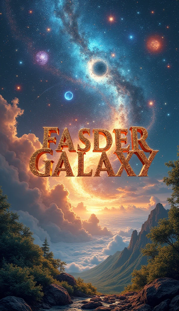 A SciFi, fantasy, mythology title word "FASDER GALAXY" written on the poster. ((there are bubbles, universe, light, thunder, fire, storm, cyclone, black hole, snow, nature, moon, sun, plants and trees, galaxy, winter, summer, crystal clear, gold, silver, diamond, stars, planets, birds, aesthetic, ultra resolution, realistic, infinity, HD, Sci-Fi, adventure, fantasy, horror, 3D, Poster)). Title "FASDER GALAXY".