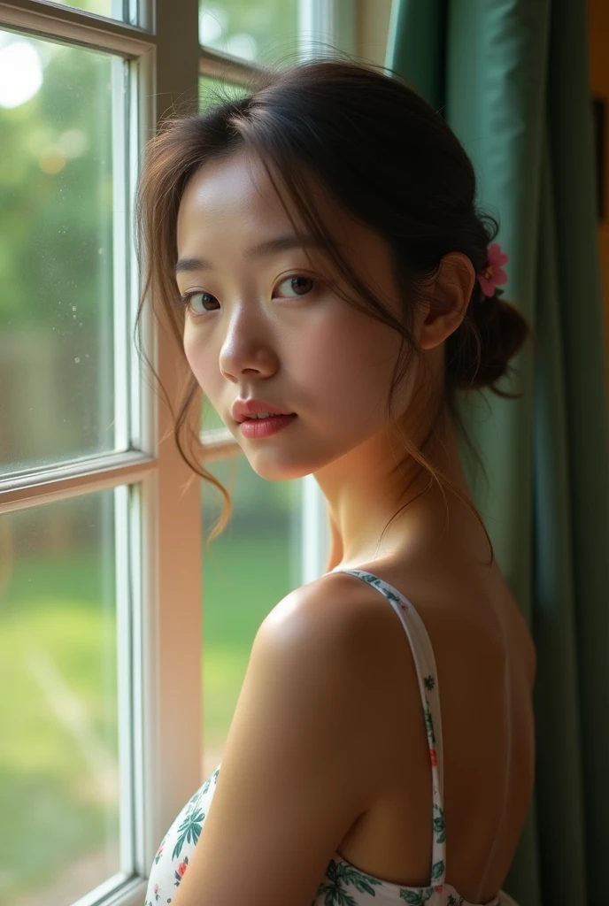 (((One girl from outside the window, Standing, Leaning forward))) Looking at Viewer 
 ,perfectly shiny skin, ,25-years old
, , Vibrant photo, (masutepiece:1.2),(Extremely detailed),(8K:1.1),(Perfect Lighting,Best Quality,hight resolution,Original),(realistic photo shot:1.4),(tall image:1.5), ,High detailed skin,Shaded face, Soft lighting, (a small face),raw, 超A high resolution, Pores are visible,
 ,