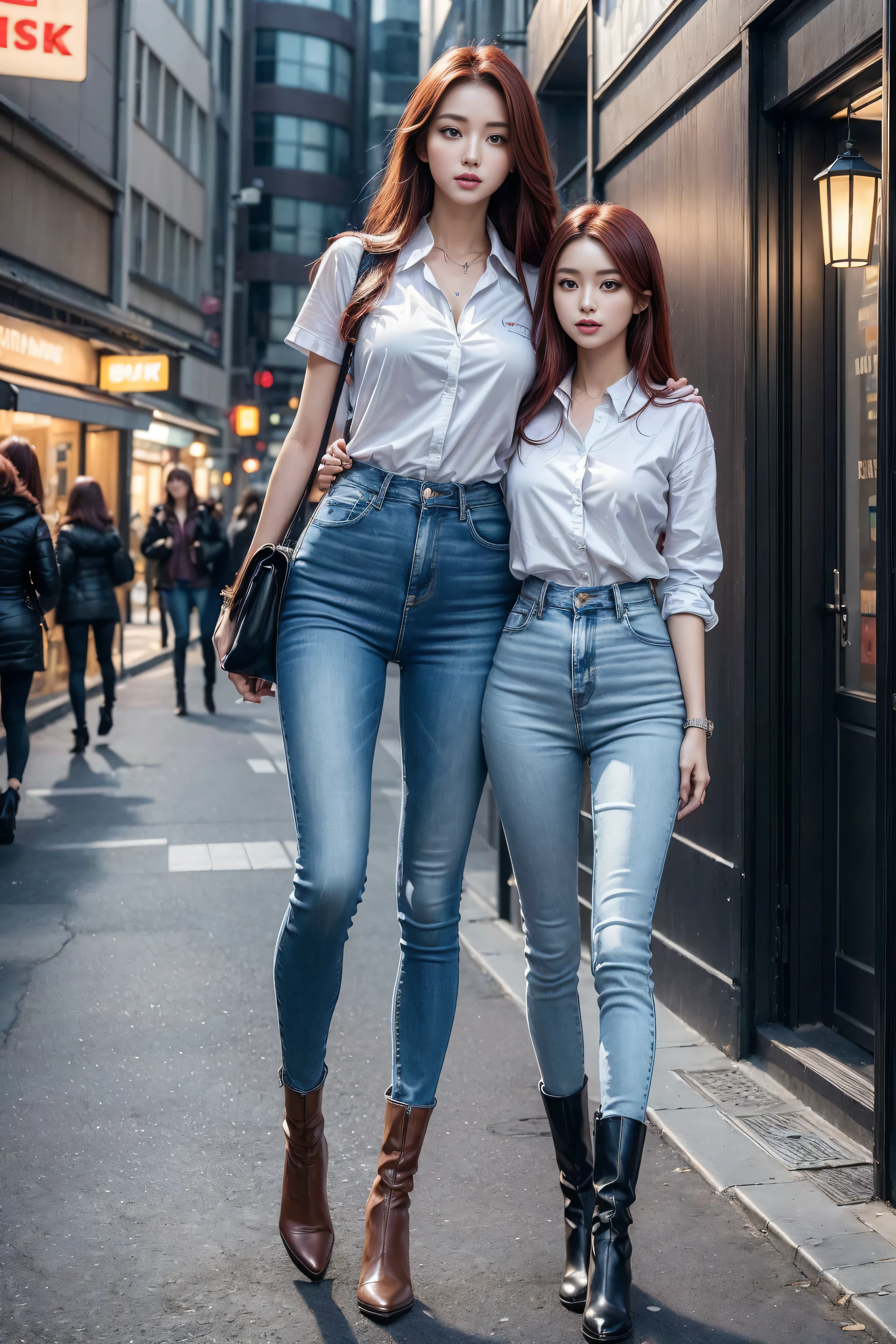 ((Realistic lighting, best quality, 8K, masterpiece:1.3)), Lock focus:1.2, 2 girls, Beautiful Women in Perfect Shape:1.4, : Beautiful Korean girl, Korean Idol,Leg length,(Pale skin), (big eyes),(Smile:0.8),(Plump and sexy lips), Complex and detailed face, ((Super delicate skin)),Delicate face,Super thin face,Squinting,Double eyelids,((Dark red hair)), (Open collar shirt),Background Shibuya street,Large depth of field,Super thin face,Squinting,Double eyelids,(Start from below:1.attitude,(Medium chest:1.2),Sexy long legs, (Thigh gap:1.5),Wide hips,S-Shaped Body, Hip lift,Leg length,Light blue skinny jeans,Full body proportions from the front,Long over-the-knee leather boots,