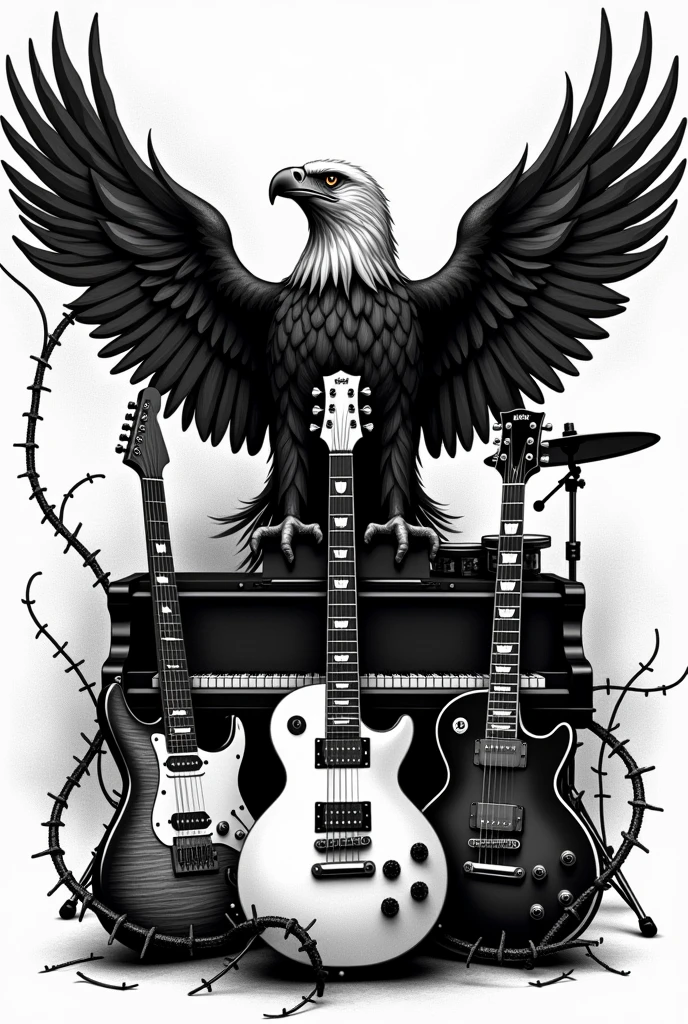 Rock band logo, eagle, barbed wire pushing three guitars, piano, drum set, musical instruments BLACK FRIDAY black and white