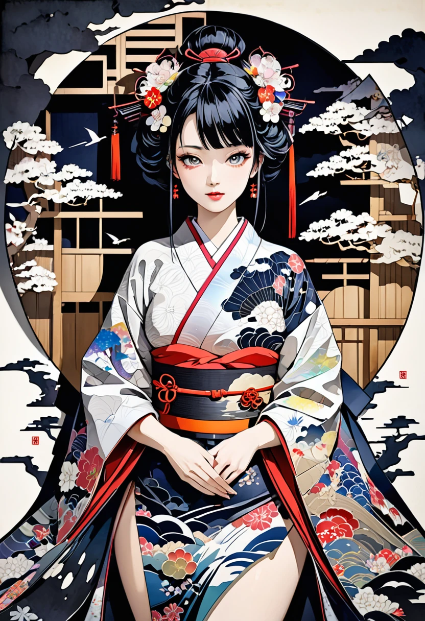 fusion of watercolors and oil paintings, fusion of paper cutting and shadow puppetry, mix of Japanese painting, ukiyo-e and woodblock prints, mix of monochrome and color, conceptual installation art, beautiful princess, attractive and seductive expression, make-up, superlative body proportion, wearing colorful Jaoanese Kimono, (ultra detailed, absolutely resolution, best quality:1.3), 2.5D, delicate and dynamic, artistic, hyper, graphic CG digital art, background iridescent old Japanese paper